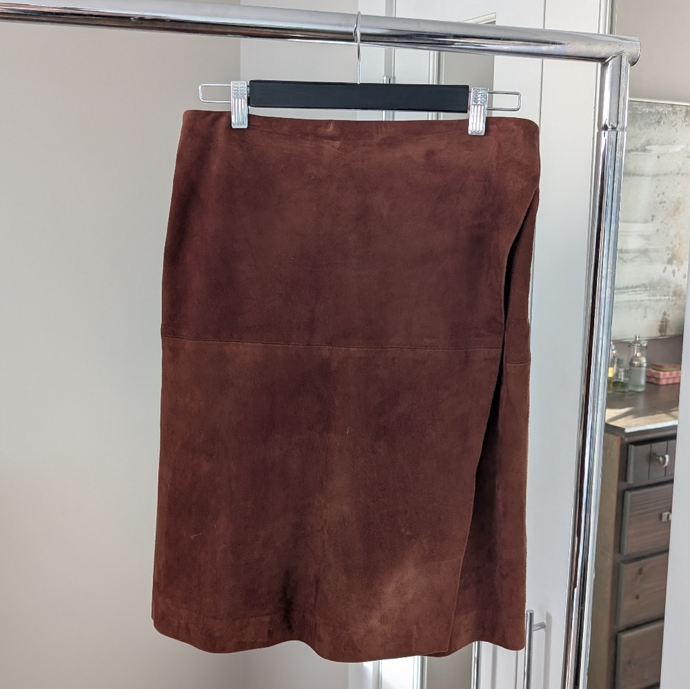 Real Suede Midi Wrap Skirt - Rust Brown